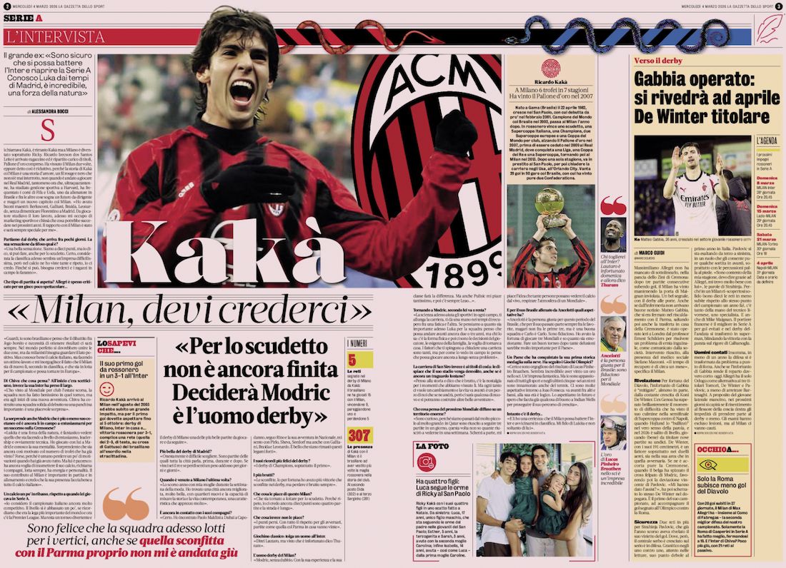 Gazzetta dello Sport March 4 2026 kaka