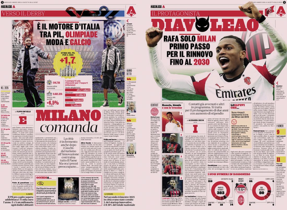 Gazzetta dello Sport March 4 2026 inter leao