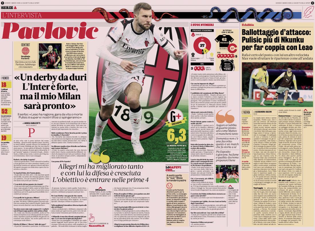 Gazzetta dello Sport March 5 2026 inter pavlovic
