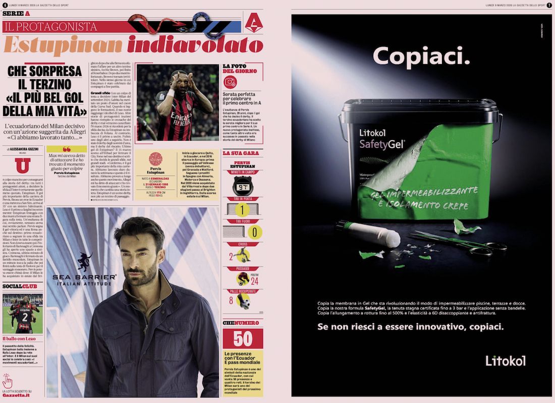 gazzetta dello sport 9 march milan 1-0 inter