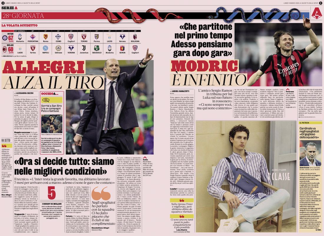 gazzetta dello sport 9 march milan 1-0 inter