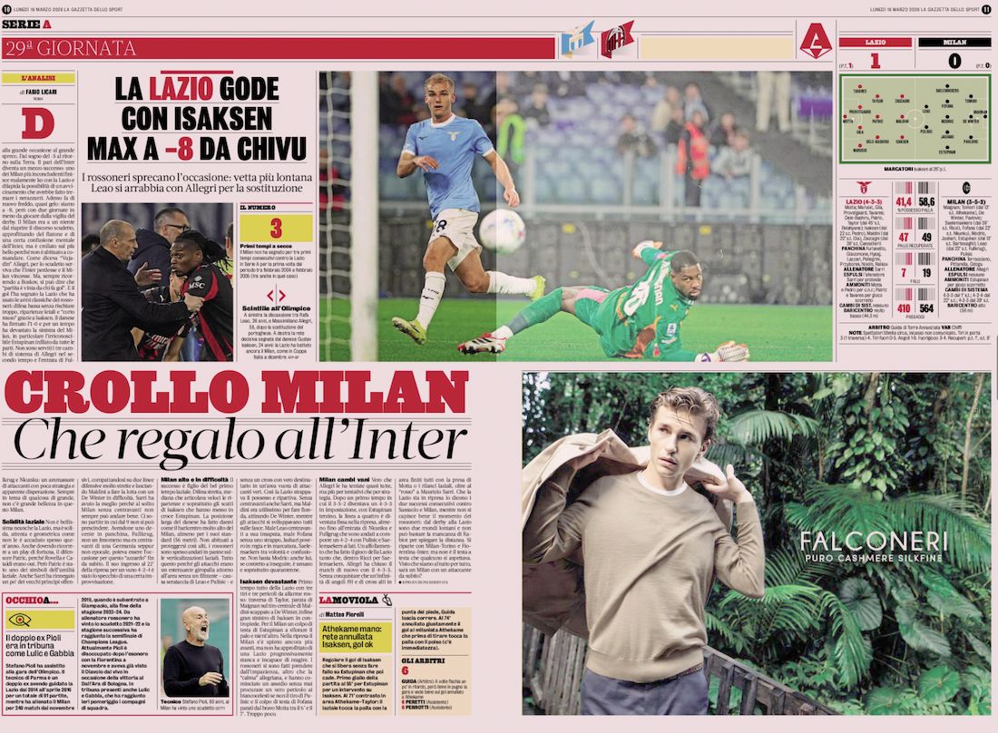 gazzetta dello sport 16 march lazio 1-0 milan
