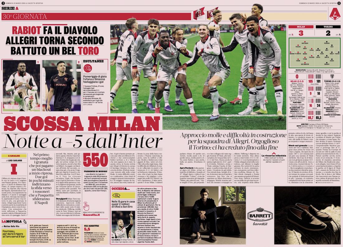 la gazzetta dello sport 22 march milan 3-2 torino