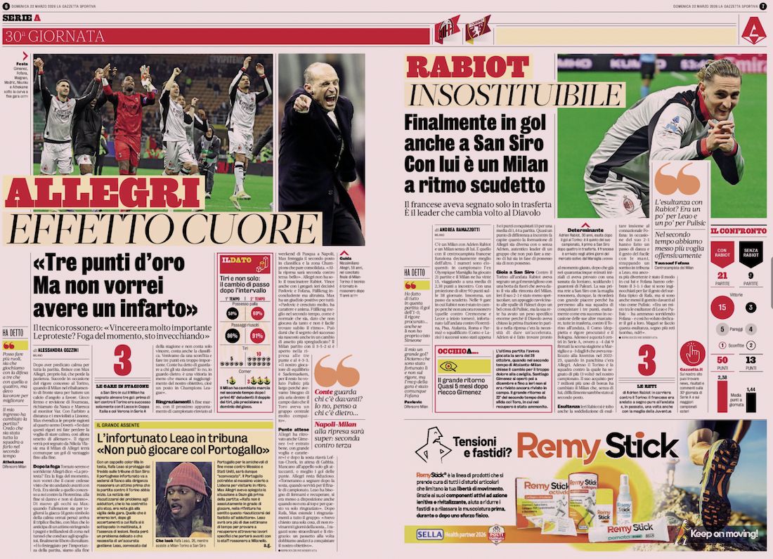 la gazzetta dello sport 22 march milan 3-2 torino