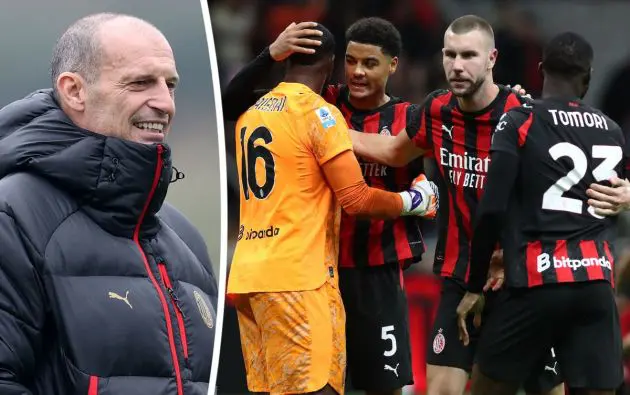 Mike Maignan, Koni De Winter, Strahinja Pavlovic and Fikayo Tomori of AC Milan allegri
