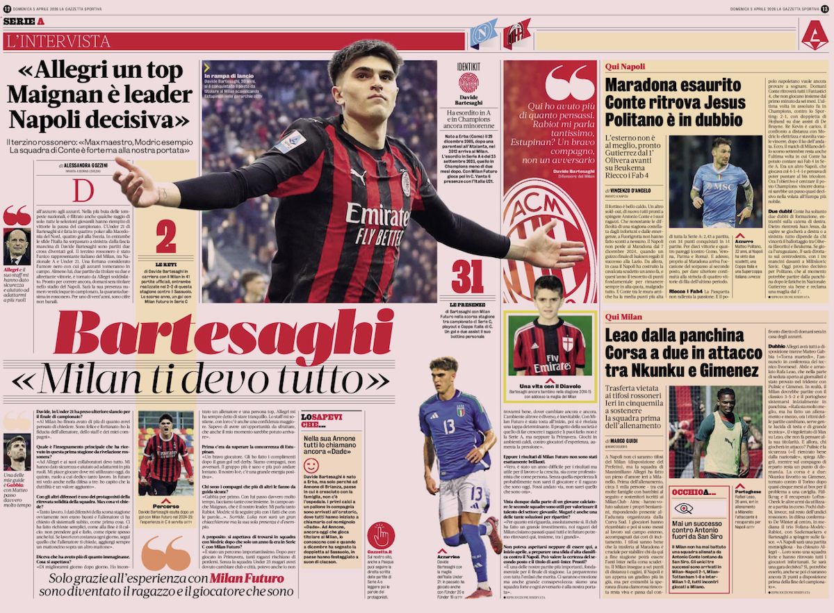 gazzetta dello sport 5 april bartesaghi napoli