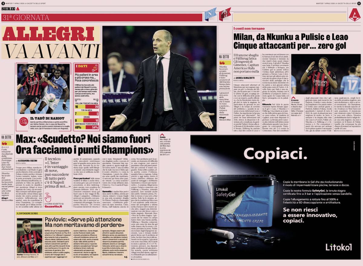 gazzetta 7 april napoli 1-0 milan