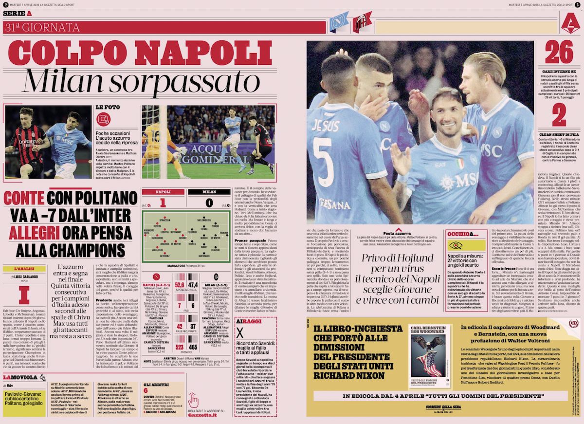 gazzetta 7 april napoli 1-0 milan
