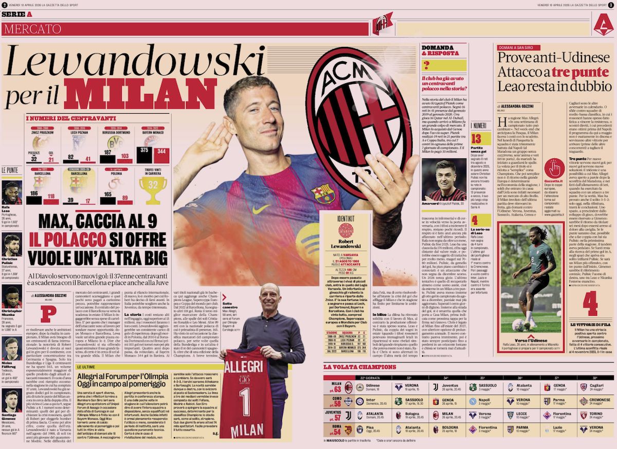 gazzetta dello sport 10 april lewandowski