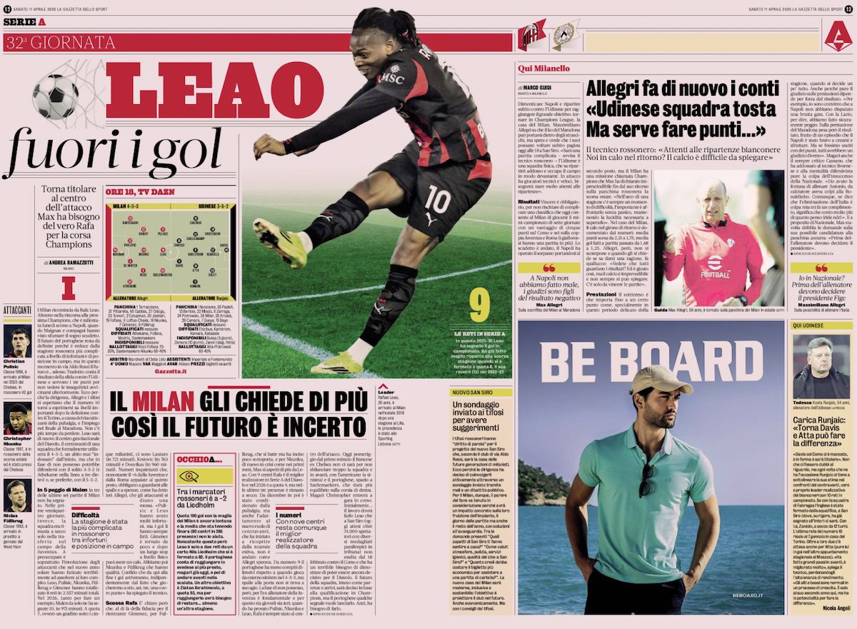 gazzetta dello sport 11 april udinese leao