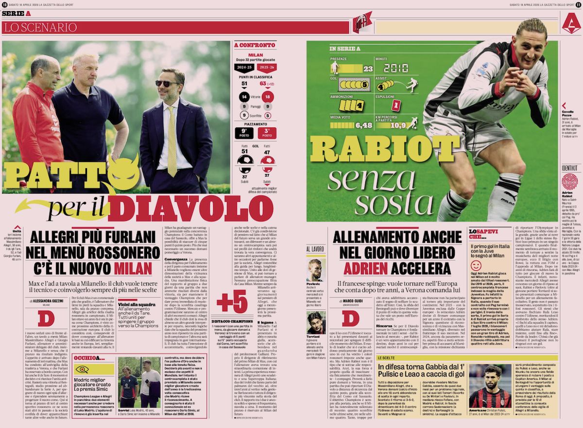 la gazzetta dello sport 18 april allegri rabiot
