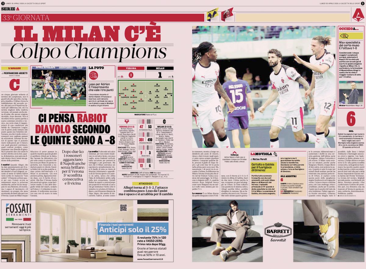 gazzetta dello sport front page 20 april verona milan