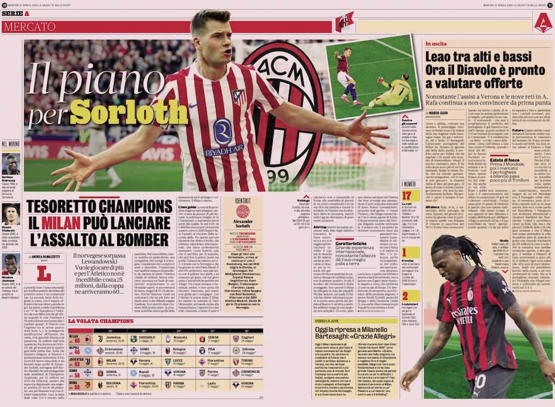 gazzetta dello sport front page 21 april sorloth
