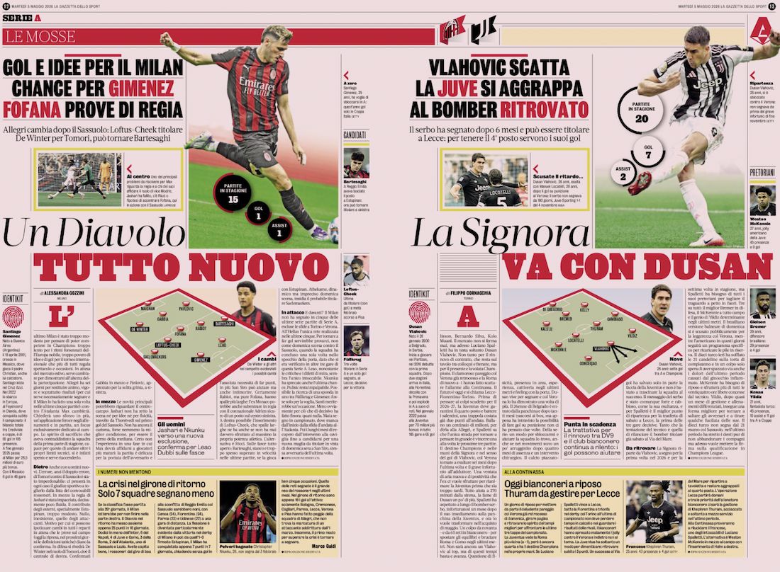 Gazzetta dello Sport spread May 5 2026 new devil