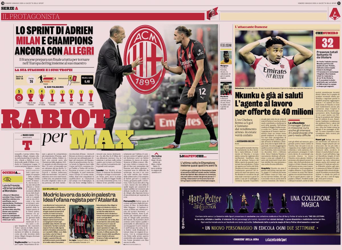 Gazzetta dello Sport spread May 8 2026 rabiot nkunku