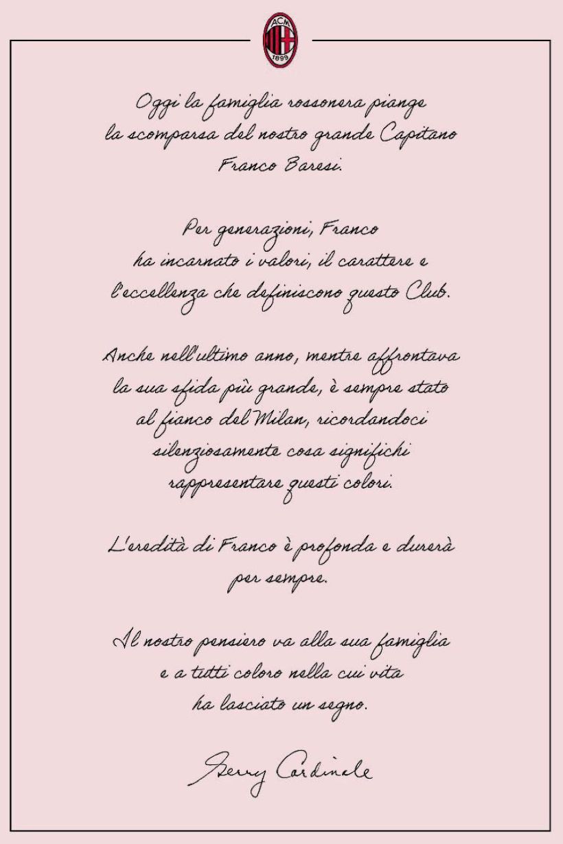 Cardinale Baresi message