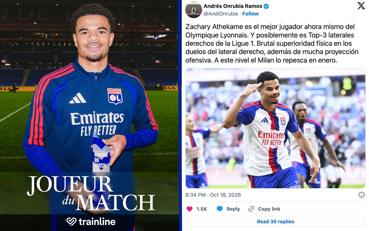 Athekame’s MOTM performance helps Lyon go top: “Milan will take him back in January”