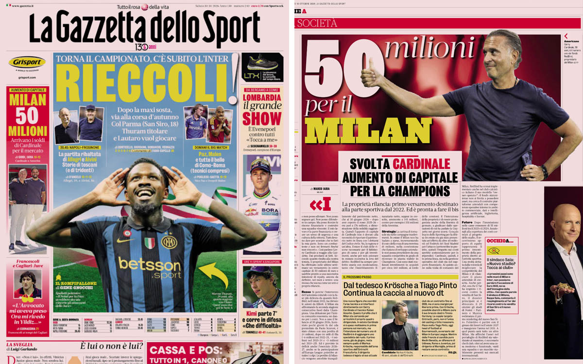 Gallery: ‘€50m for Milan’, ‘An attacking Milan’ – Today’s headlines in Gazzetta dello Sport