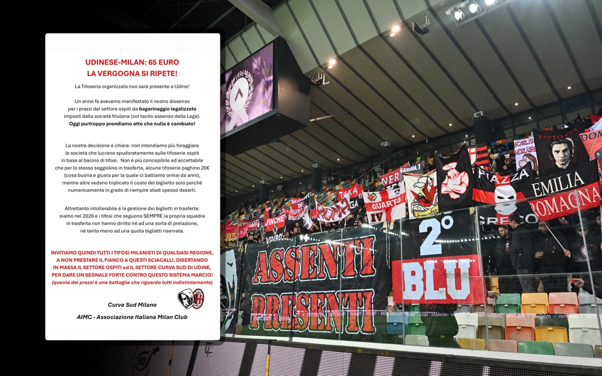 Curva Sud announce boycott of Udinese game over pricing: “The shame repeats itself!”
